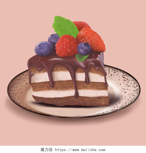 微立体巧克力树莓蓝莓甜品食物png电商素材插画
